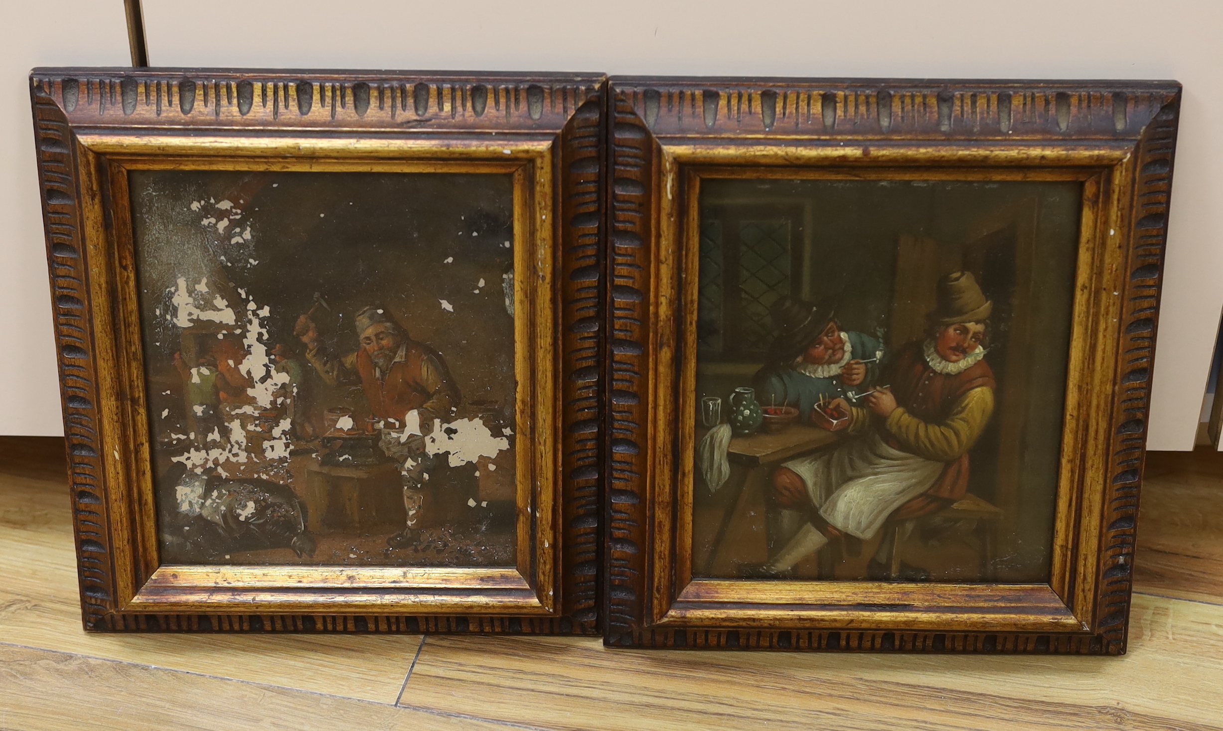 19th century Dutch School, pair of oil on tin panels, Tavern scene and Blacksmith, 20 x 17cm (one a.f.)